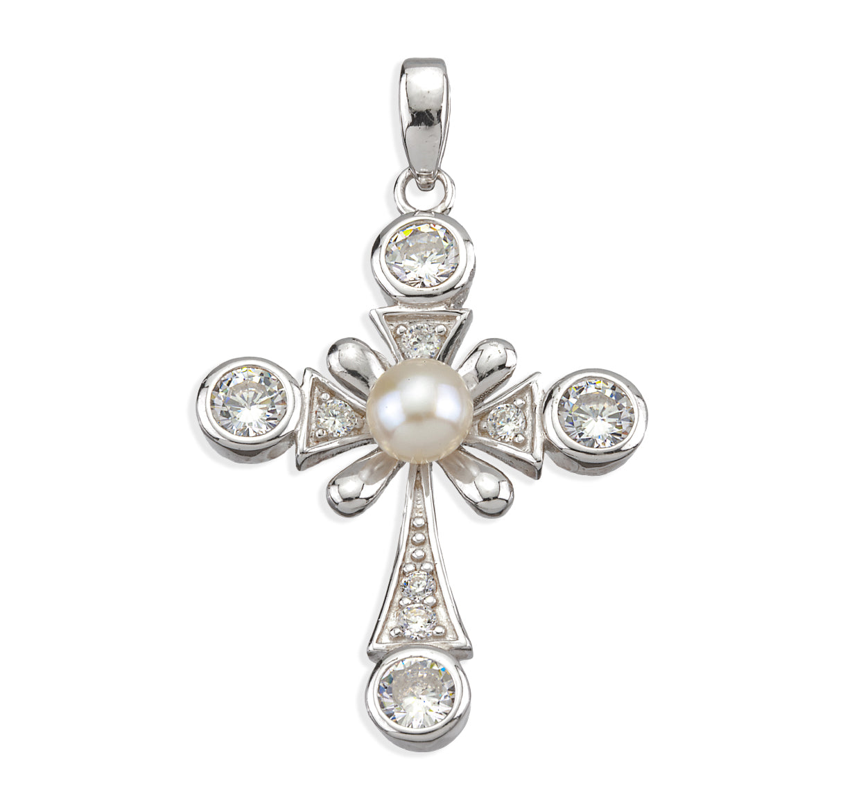 Sterling Silver Cross Necklace with Freshwater Pearl Ctr & CZ Accents