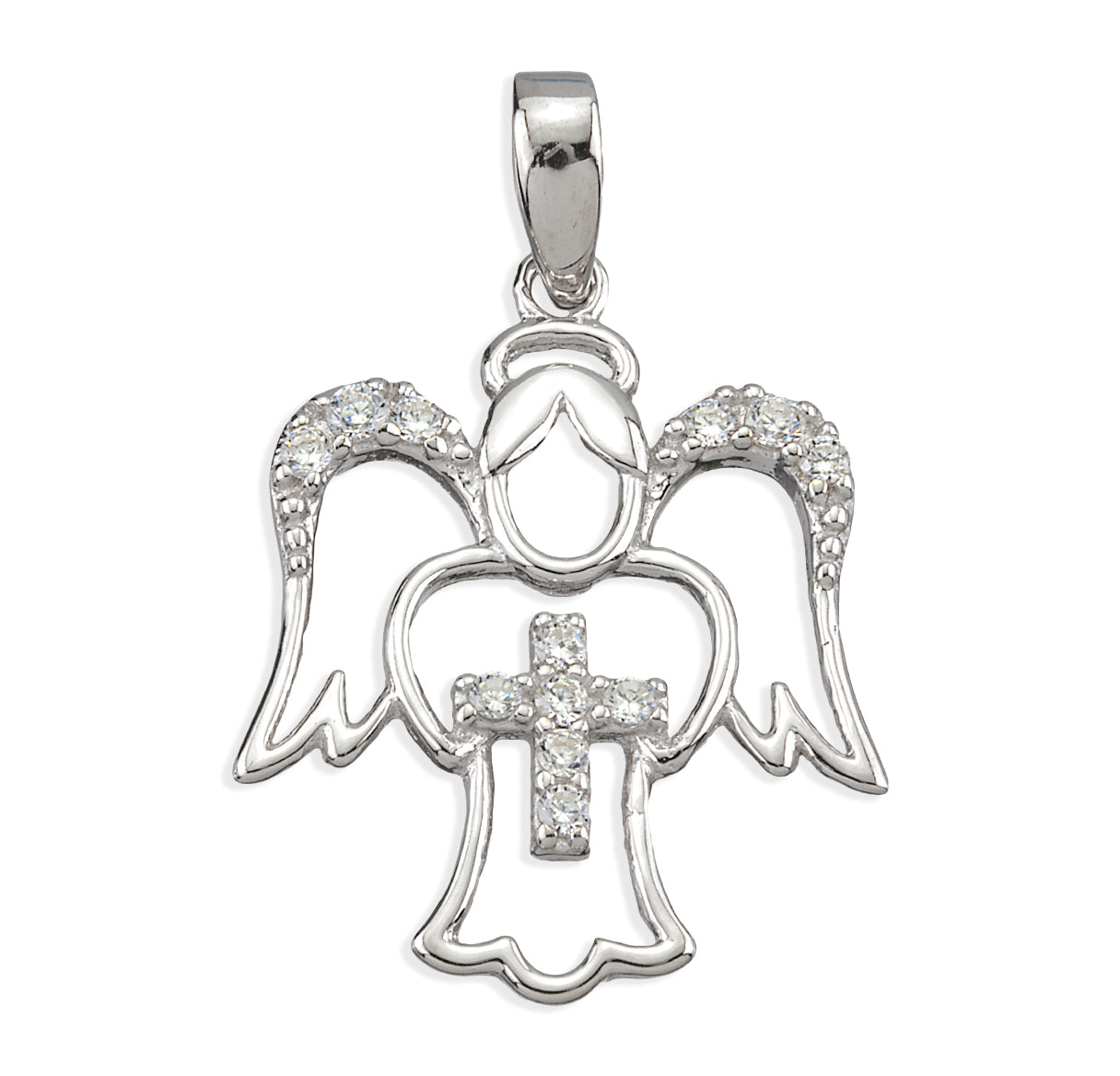 Sterling Silver Guardian Angel Pendant w/CZ Cross and CZ Wing Accents-18" Ch-Bxd