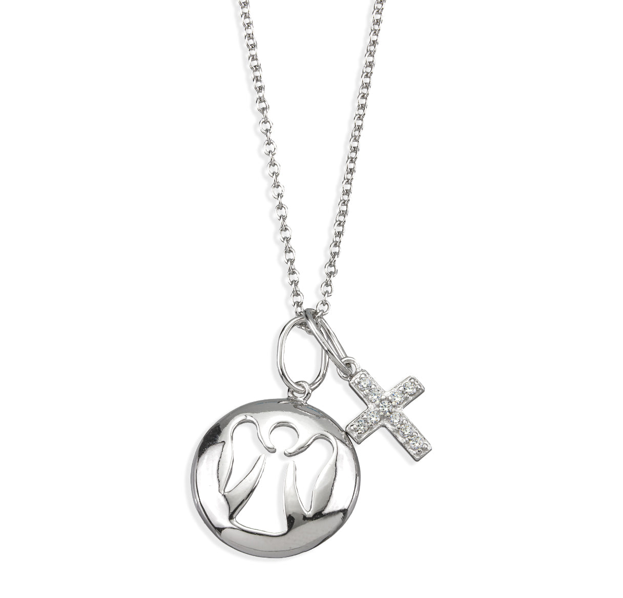 Sterling Silver Round Guardian Angel Cut Out Medal w/Tiny CZ Cross-16"-Bxd