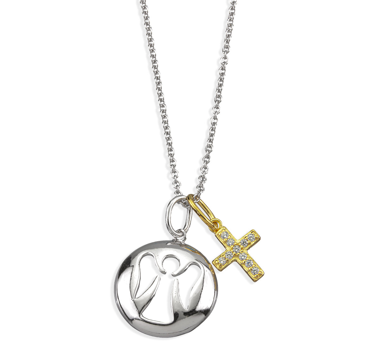 Sterling Silver Round Guardian Angel Cut Out Medal w/Tiny Gold Plated CZ Cross-16" -Bxd