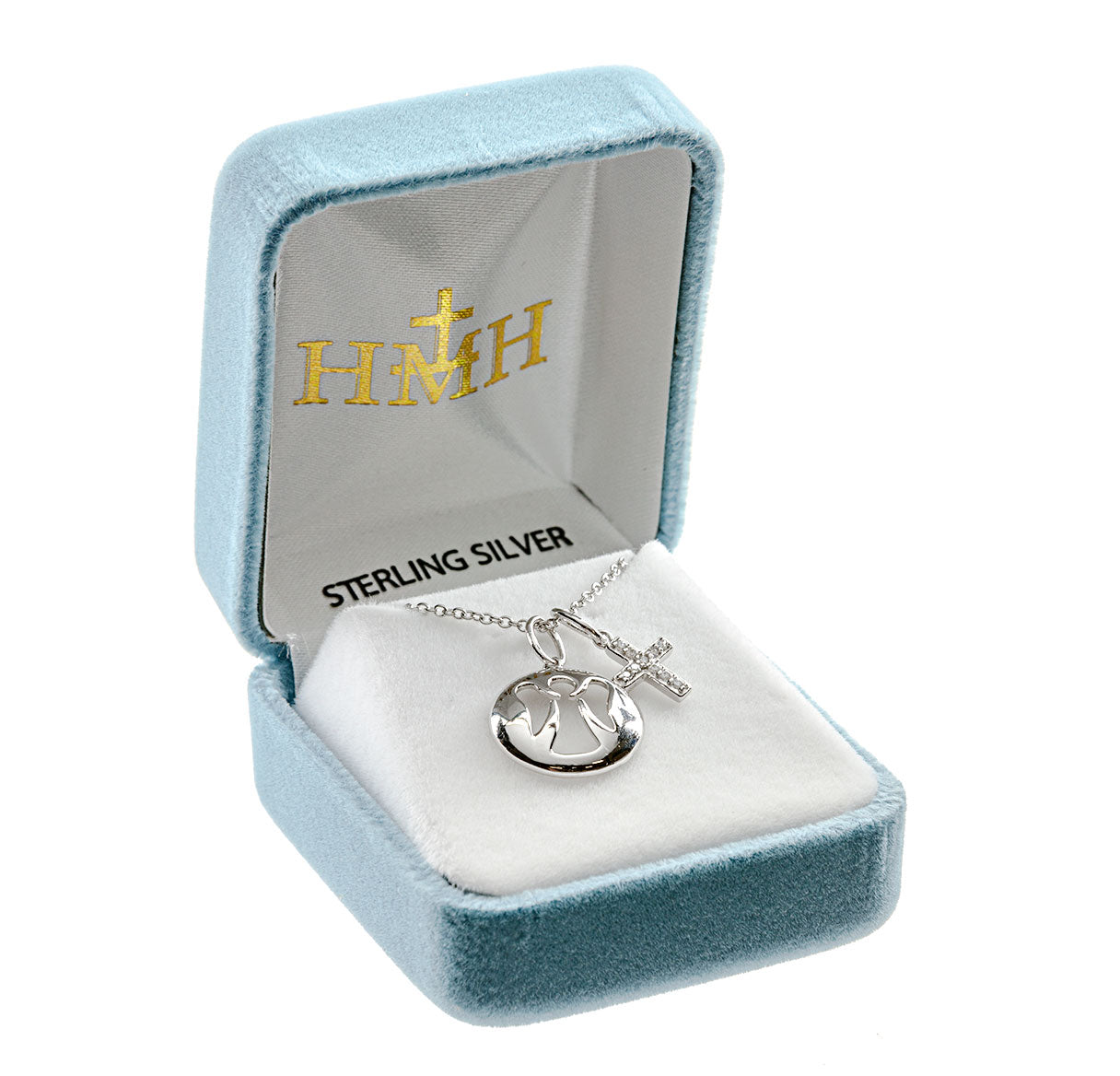 Sterling Silver Round Guardian Angel Cut Out Medal w/Tiny CZ Cross-16"-Bxd