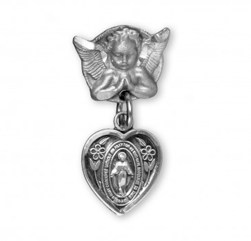Angel With Wings Pin w/Sterling Silver Small Miraculous Heart-Bxd