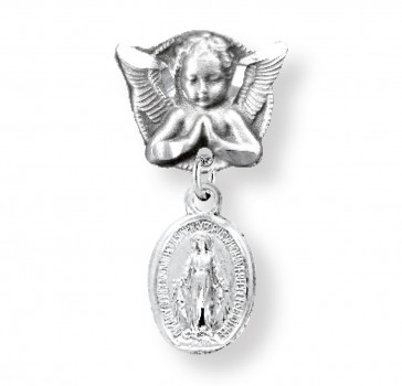 Angel With Wings Pin W/ Sterling Silver Oval Miraculous Medal-Bxd