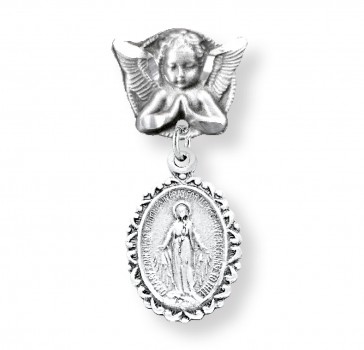 Angel With Wings Pin w/Sterling Silver Oval Miraculous Medal-Bxd