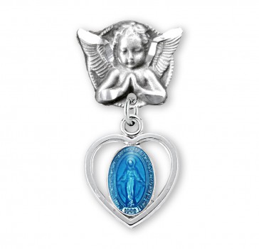 Angel With Wings Pin W/ Blue Enameled Heart Miraculous Medal-Bxd