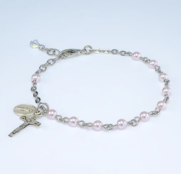 4mm Pink Finest Imitation Pearl Bead Sterling Silver Rosary Bracelet-Bxd