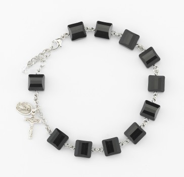 Finest Austrian Crystal Jet Square Bead Sterling Silver Rosary Bracelet 10mm