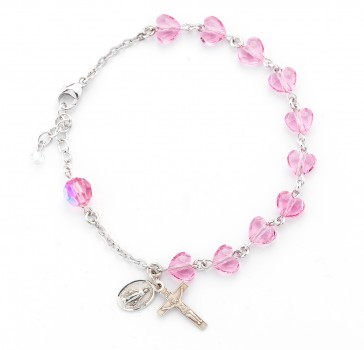 8mm Finest Pink Crystal Heart Shaped All Sterling Silver Rosary Bracelet(1124/1802) -Bxd (LIMITED AVAILABILITY)