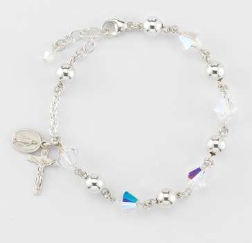8mm Finest Crystal Bead Bracelet with 7mm Sterling Silver Beads and Sterling Crucifix & Center-Bxd