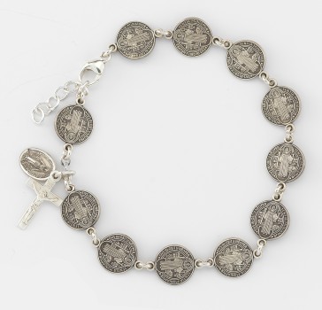 Saint Benedict Round Sterling Silver Rosary Bracelet 10mm