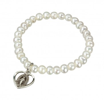Freshwater Pearl 4mm Stretch Bracelet w/Sterling Silver Heart Miraculous Medal 3160-Bxd
