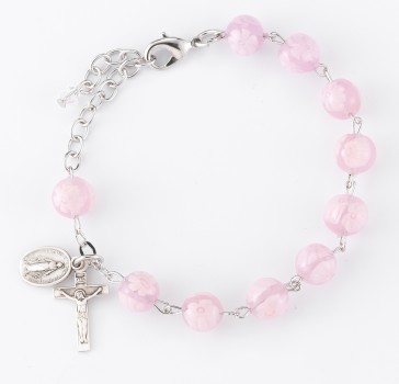 Pink Flower Venetian Glass Sterling Silver Rosary Bracelet 8mm
