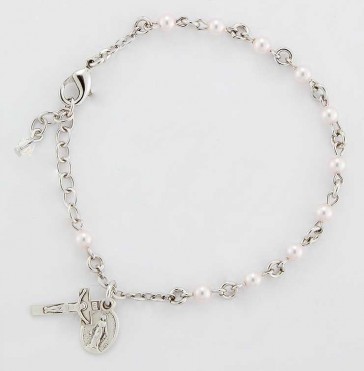 4mm Pink Finest Imitation Pearl Beads. Sterling Silver Miraculous Medal and Sterling Silver Crucifix