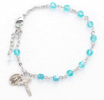 5mm Aqua Faceted Crystal Bead Rosary Bracelet w/Sterling Miraculous Medal &Sterling Crucfix-Bxd