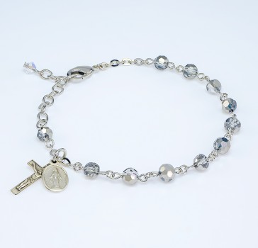 5mm Metallic Silver Faceted Crystal Bead Rosary Bracelet w/ Sterling Mirac Medal and Sterling Crucifix-Bxd