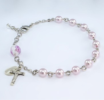 6mm Finest Pink Imitation Pearl Bead Bracelet w/Sterling Silver Medals-Bxd