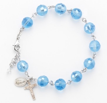 10mm Round Light Sapphire Frosted Rosary Bracelet with a Sterling Silver Crucifx, Miraculous Medal with Rhodium Plated Brass Findings-Bxd