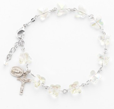 8mm Crystal Butterfly Rosary Bracelet with a Sterling Silver Crucifx, Miraculous Medal with Rhodium Plated Brass Findings-Bxd