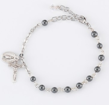 4mm Hematite Rosary Bracelet w/Sterling Medals-Bxd