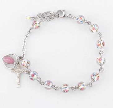 Rose Embedded Murano Glass Sterling Silver Rosary  Bracelet 6mm