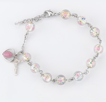 Rose Embedded Murano Glass Sterling Silver Rosary Bracelet 8mm
