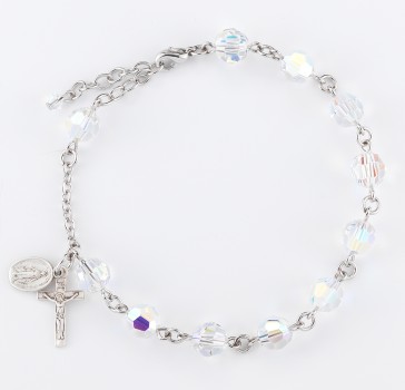8mm Finest Crystal (AB) Rosary Bracelet w/Sterling Medals-Bxd