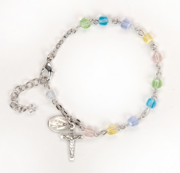 4mm Multi Color Faceted Cube Shape Glass Beaded Rosary Bracelet W/ Sterling Silver Medal & Cfx-Bxd