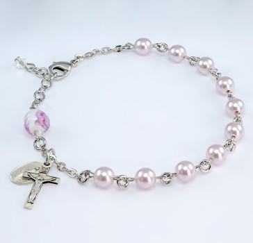 6mm Finest Pink Imitation Pearl Bead Bracelet w/Oxidized Medals-Bxd