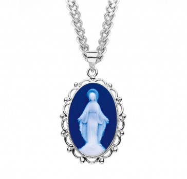 Dark Blue Sterling Silver Cameo Miraculous Medal 