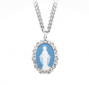 1-3/4" Light Blue Cameo Miraculous Medal w/ Sterling Weaved Filigree Frame on the 24" Ch-Bxd