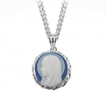 Genuine Cameo 13/16" Round Blue Madonna Profile Bust with a Sterling Silver Rim on an 18" Ch-Bxd