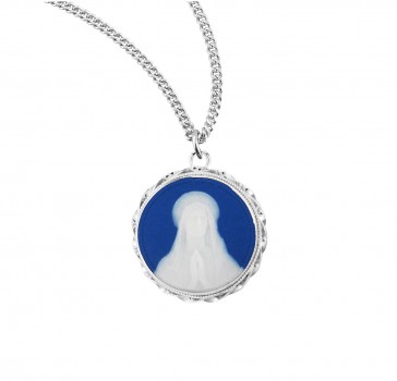 Genuine Cameo 15/16" Round Blue O.L. of Lourdes with a Sterling Silver Rim on an 18" Ch-Bxd