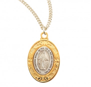 Sterling Silver Miraculous Medal w/Gold Over Sterling Fancy Setting-*18" Ch-Bxd