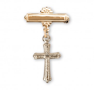 16kt Gold Plated Bar Pin W/ 16kt Gold Over Sterling Sm Detailed Cross-Bxd