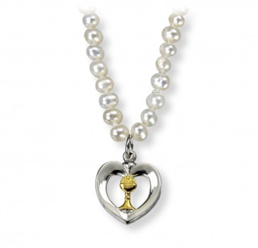Freshwater Pearl First Communion Necklace with a Two Tone Heart Chalice Pendant