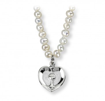 Freshwater Pearl First Communion Necklace with a Heart Chalice Pendant