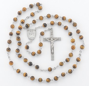 6mm Tiger Eye Bead New England pewter rosary with center and crucifix (70/129)-Bxd