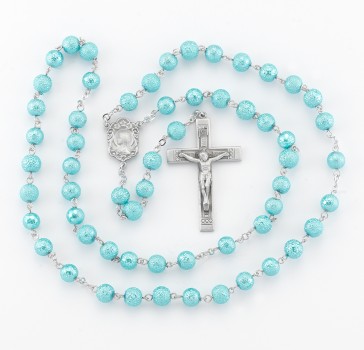 7mm Round Aqua Lava Bead New England pewter rosary with center and cruxifix (74/184)-Bxd