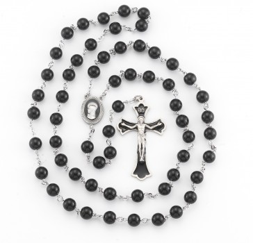 8mm Round Onyx bead New England pewter rosary w/ Ctr & Cfx-(P368BK/P662BK)