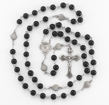 8mm Round Onyx bead New England pewter rosary made with sea shell (P1395) O.F. Beads, center and crucifix (P386/P163)-Bxd