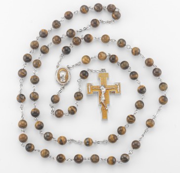 8mm Round tiger eye bead New England pewter rosary with center and crucifix-(P368Y)(P715Y)-BXD
