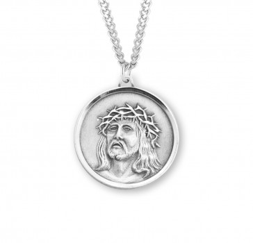 Sterling Silver Christ in agony round medal with Sorrowful Mother back w/24" Ch-Bxd