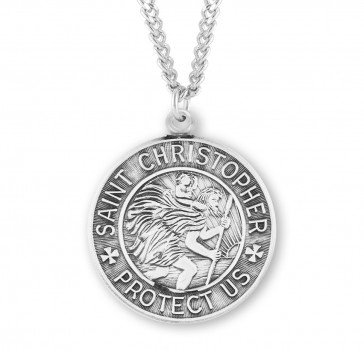 Large 1 1/16"x 15/16" Round Sterling Silver St. Christopher Medal-24" Ch-Bxd