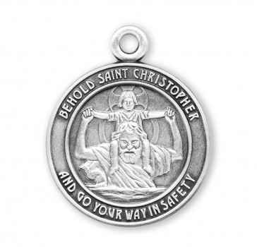 Sterling Silver Round 1" St Christopher Bust with Child Jesus on Shoulders on 24" Ch-Bxd