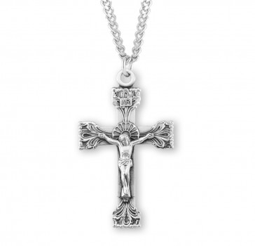 Extended Leaf Etched Sterling Silver Crucifix 