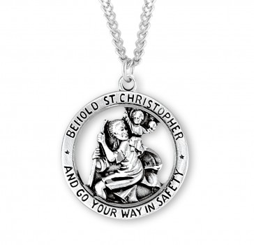Sterling Silver St. Christopher 1" Round Medal W/ Pierced Out Figure-24" Ch-Bxd