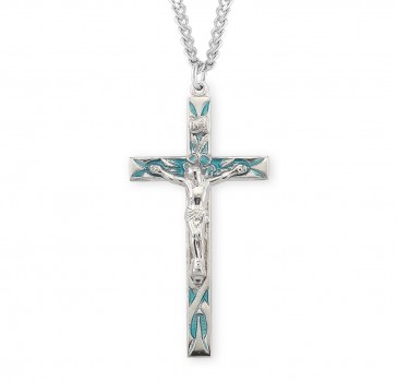 Large 2 1/8" x 1 1/16" Sterling High Polished Rhodium Plated Crucifix w/ Blue Enamel-24" Ch-Bxd