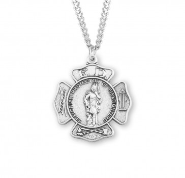 St. Florian Fire Fighters Cross-Badge Shaped 1-5/8" Sterling Silver Medal w/24" Ch-Bxd