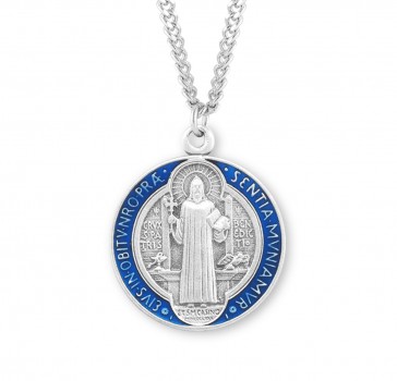 Sterling Silver (26mm) Blue Enameled St. Benedict Medal-24" Ch-Bxd