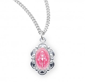 Sterling Silver Pink Enameled Oval Fancy Edge Miraculous Medal